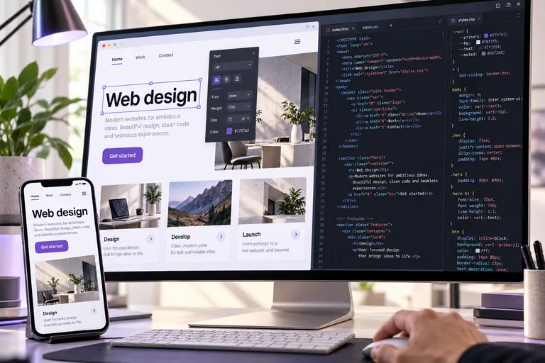 Генеративная иллюстрация вёрстки: макет сайта, HTML/CSS и мобильная версия на рабочих экранах.
